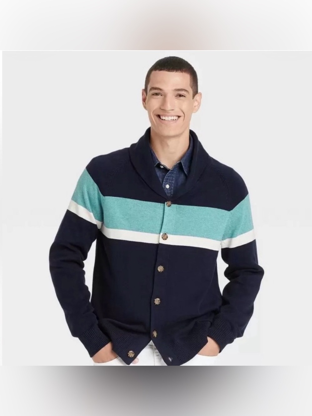 Goodfellow & Co Men's Striped Shawl Collared Button-Up Cardigan